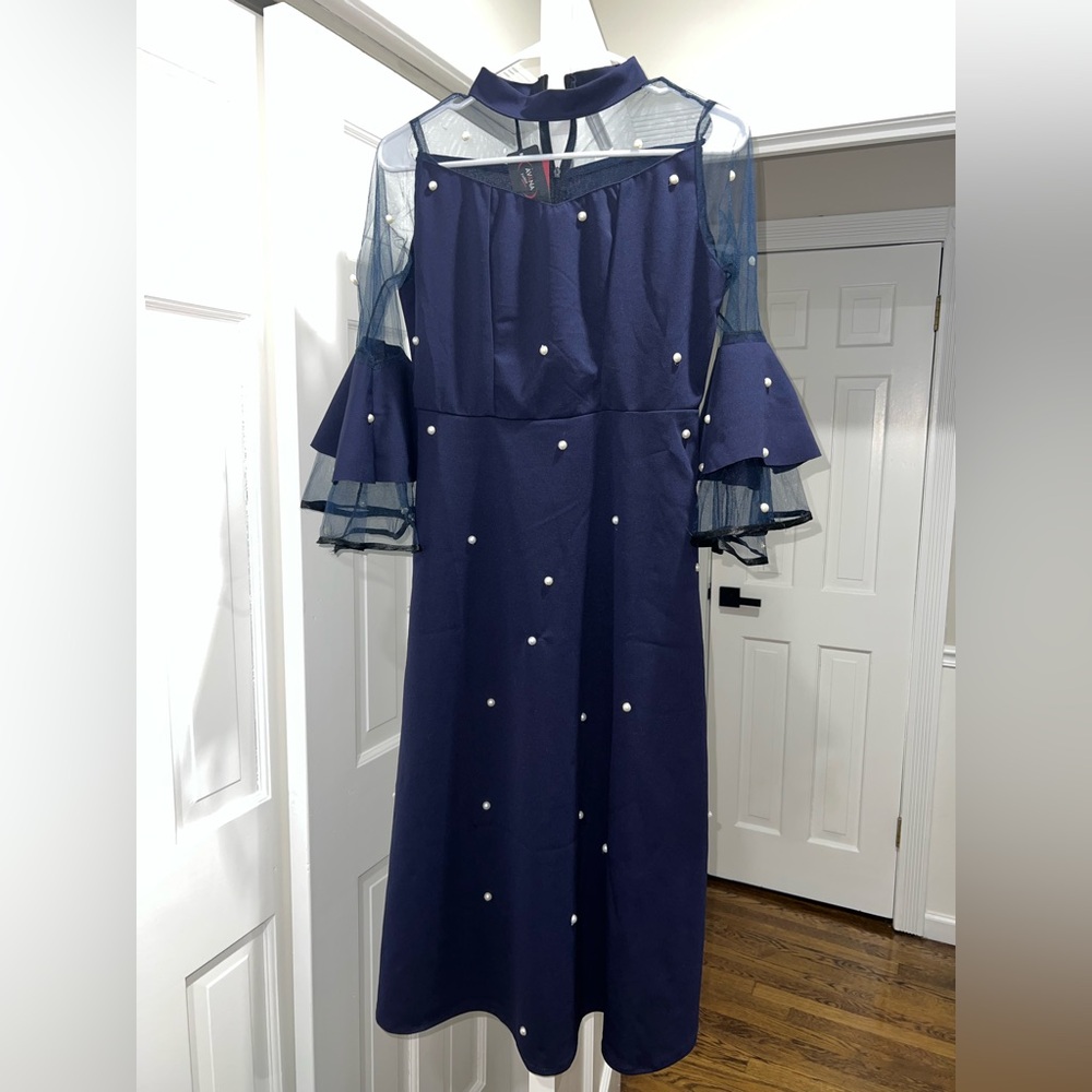 Navy Pearl-Embellished Midi Dress